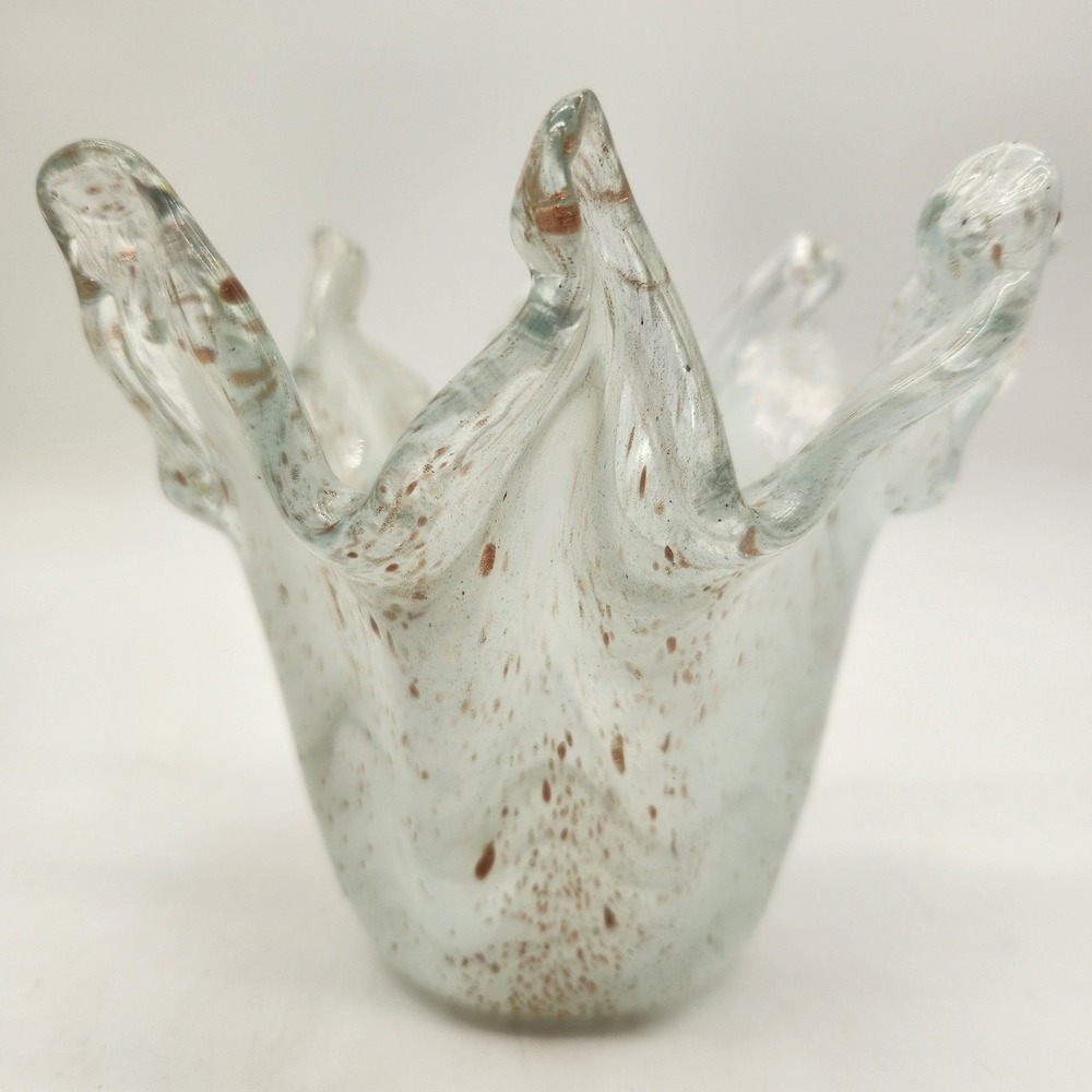 Vintage Hand Blown Splash Vase Clear & White Glass Copper Gold Flecks Aventurine - Picture 2 of 8